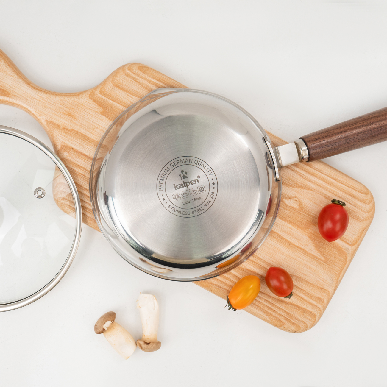 Chảo Inox 3 lớp đúc liền khối miệng rót Kalpen Rinmer 16cm kèm vung kính, bảo hành 5 năm