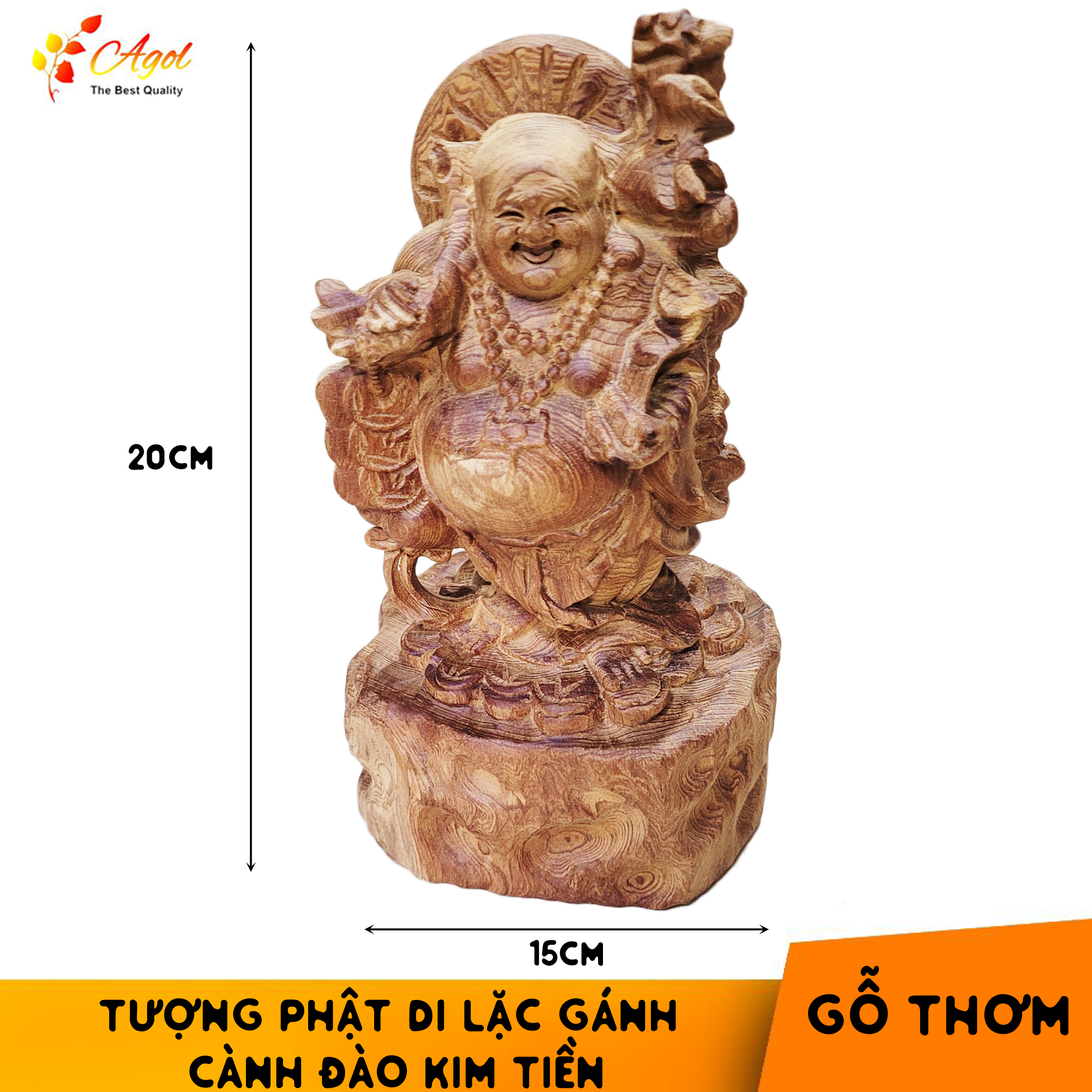 Tượng Phật Di Lặc Gánh Cành Đào Ngũ Lộc Kim Tiền Gỗ Thơm Bách Mộc Ngọc Am - Sản phẩm cao cấp cực thơm - Hàng Nhập Khẩu