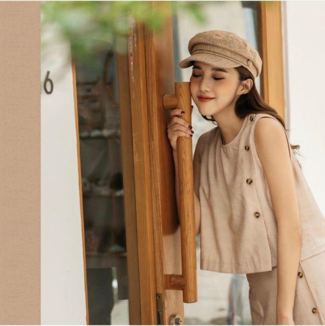 Set áo nude + chân váy from A xẻ nút