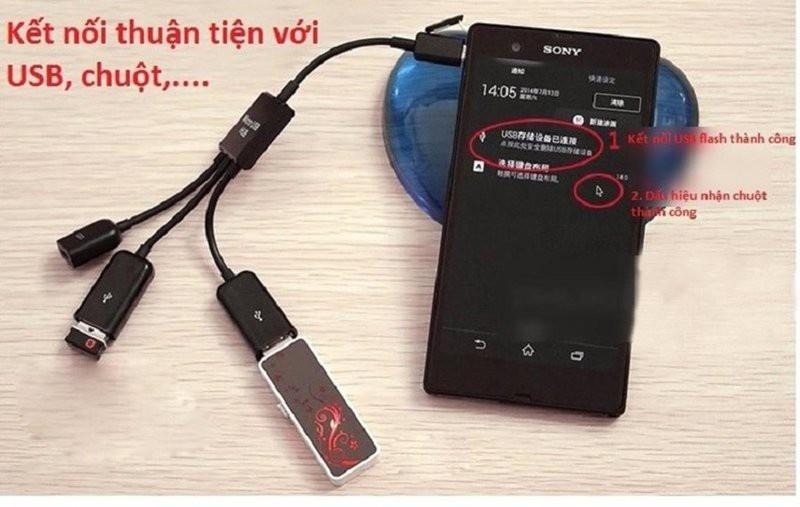Cáp OTG to USB 2 cổng hỗ trợ sạc nguồn cho Điện thoại