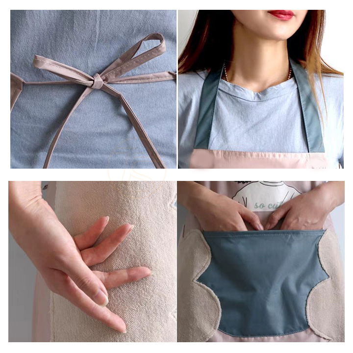 Tạp Dề Họa Tiết Vòng Hoa & Con Thỏ Có Khăn Lau Tay 2 Bên Và Túi Đựng Dễ Thương