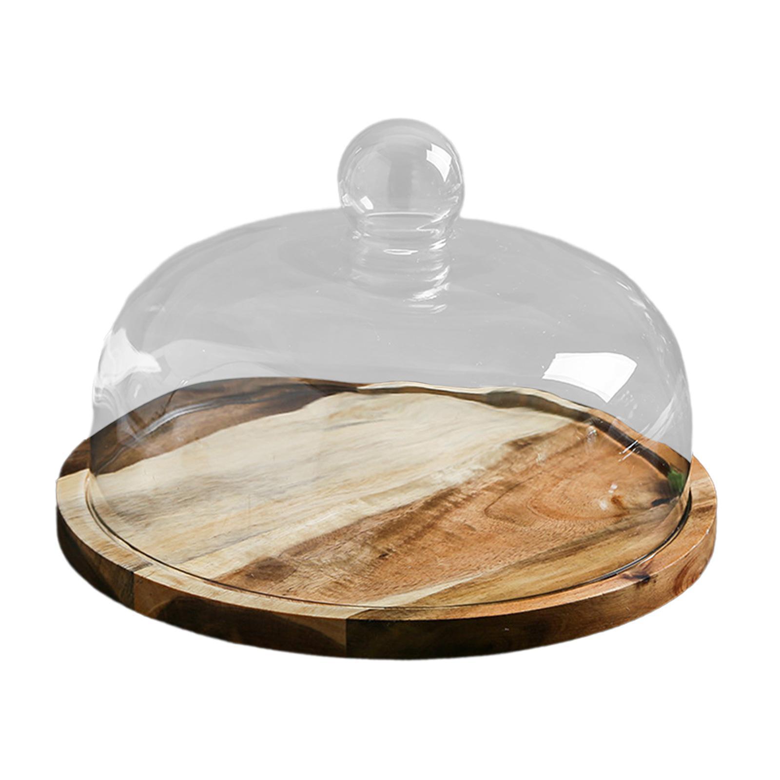 Glass Cover Serving Tray with Glass Cover Wooden Cake Stand for Kitchen
