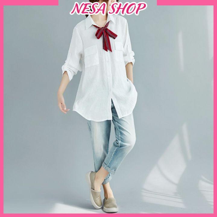 Hình ảnh Áo sơ mi nữ trắng dài tay, áo form rộng, chất liệu Đũi tơ mềm mịn, sơ mi nữ đẹp phong cách Hàn Quốc NeSa Shop AKH.47