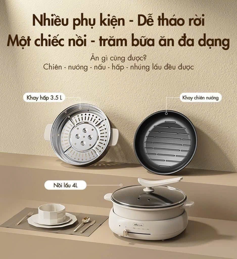 [Hàng chính hãng] Nồi lẩu Bear NĐ C40W2 - 3 khay in 1, dung tích 4L, chống dính tốt, kèm khay hấp