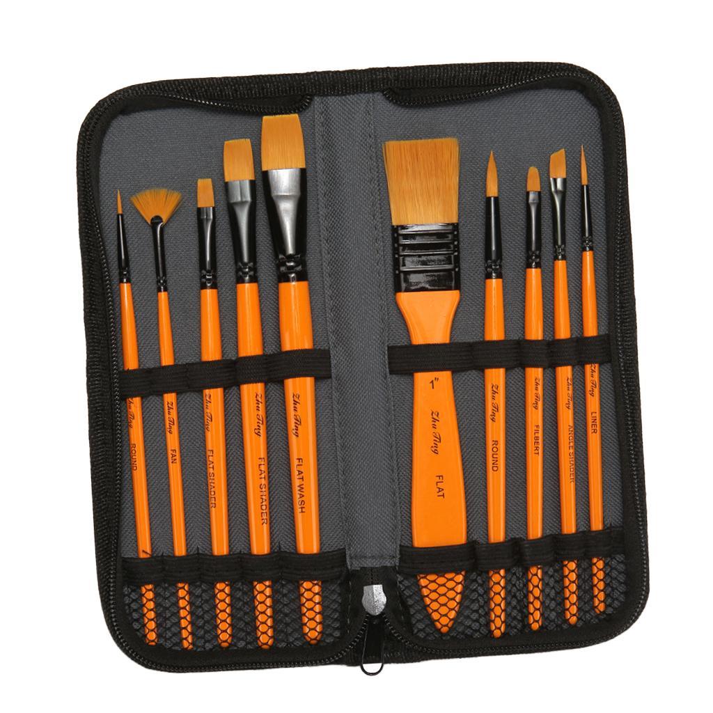 10 Wooden Handle Paint Brushes Artist Brushes Flat Brushes Oil Paint Brushes Brush Set with Zipper Storage Case Watercolor Painting Art Supplies