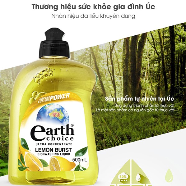 Nước rửa chén đậm đặc Earth Choice gốc thực vật hương chanh vàng kháng khuẩn 500ml