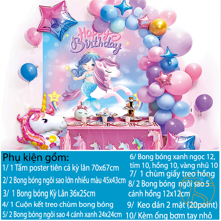 Set trang trí sinh nhật mẫu poster hình nàng tiên cá và kỳ lân kèm ống bơm tay cho bé gái - Happy Birthday