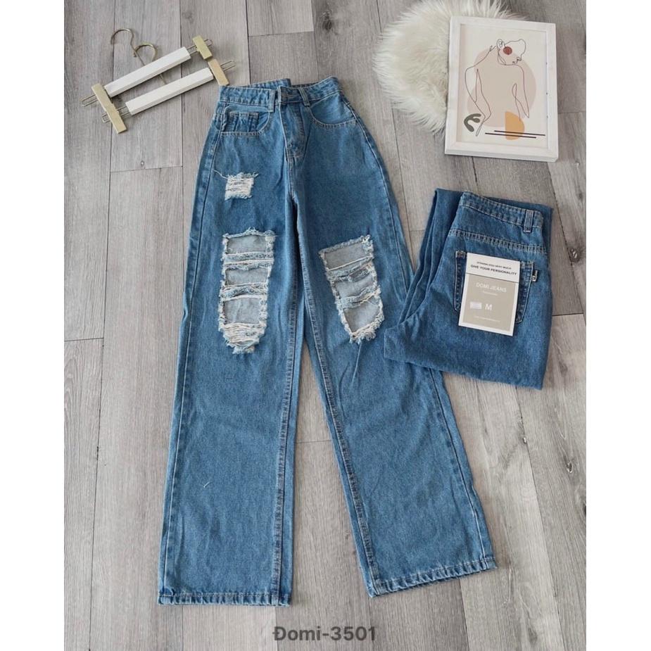 Quần baggy jean ống suông rách gối thời trang