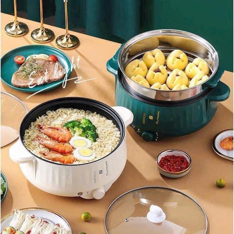 Nồi lẩu điện đa năng 28cm, chống dính vân đá côn suất 1000W kèm giá hấp - Hàng chính hãng