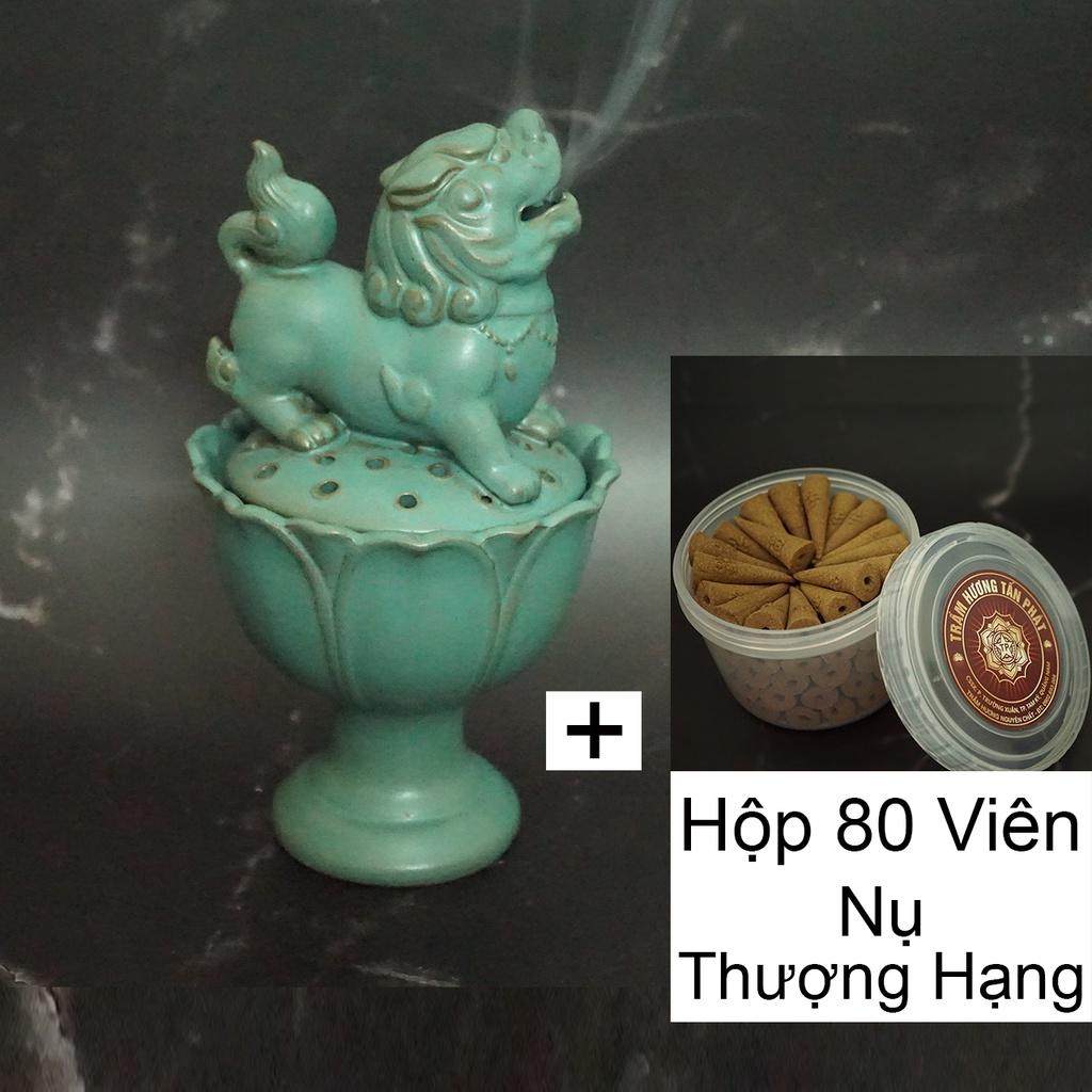 Đỉnh Sư Tử xông Trầm Hương nhả khói màu Xanh cực đẹp