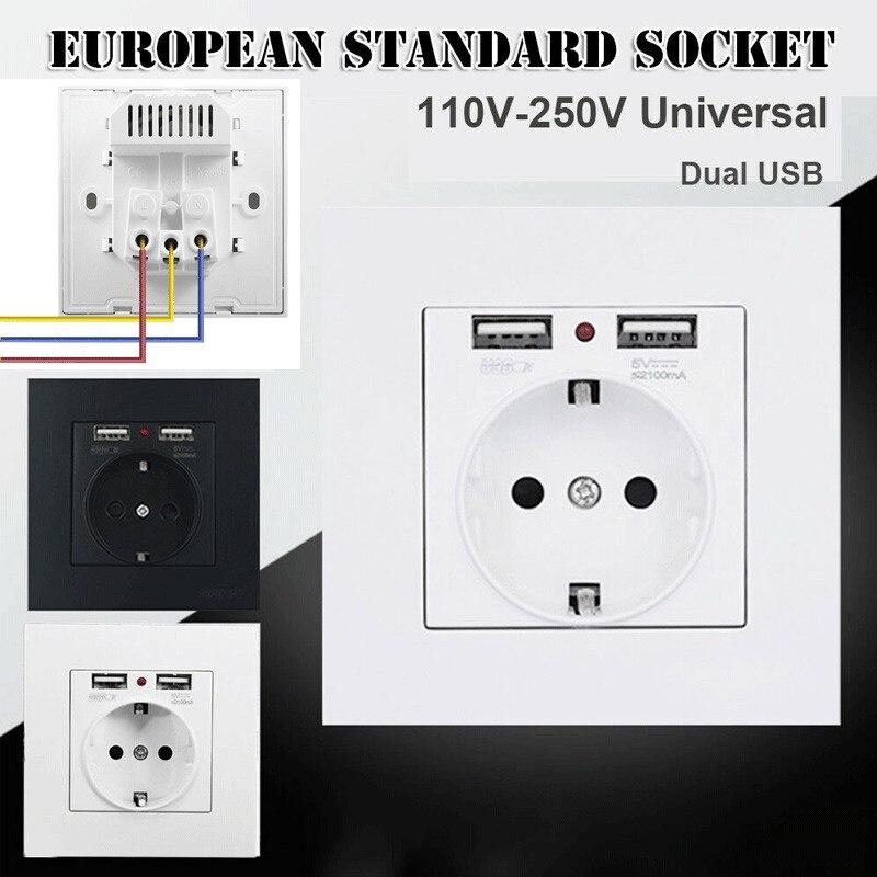 16A Wall Socket Power Outlet With Dual USB Ports LED Light White Panel EU Plug