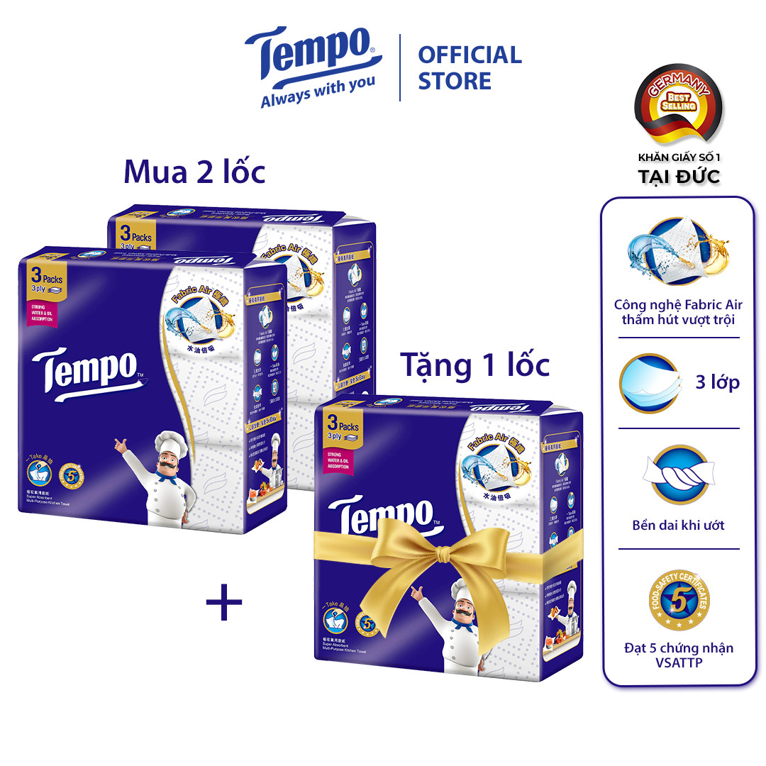 [MUA 2 LỐC TẶNG 1 GÓI] Khăn giấy bếp đa dạng rút năng siêu thấm Tempo (3 gói rút/Lốc) - Thương Hiệu Đức