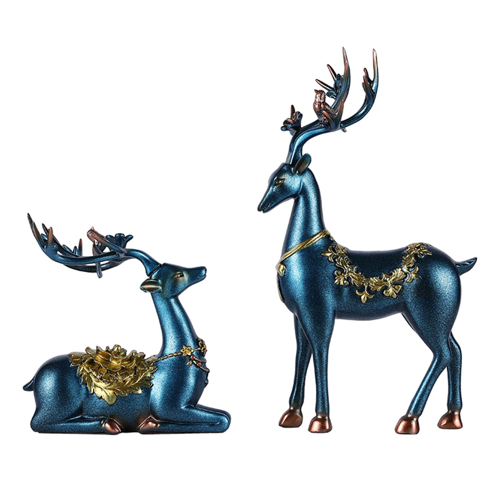 2Pcs Deer Figurines Reindeer Sculptures Ornament Couple Elk Statues
