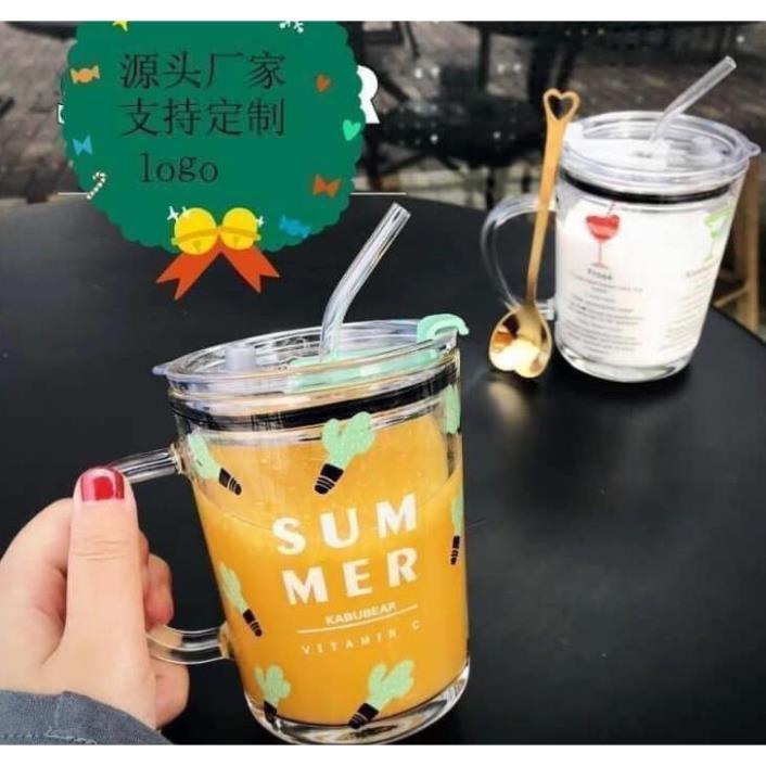 Cốc Uống Sữa Chia Vạch thủy tinh nắp giữ nhiệt chống tràn kèm ống hút bình cốc cách nhiệt kiểu hoạt hình