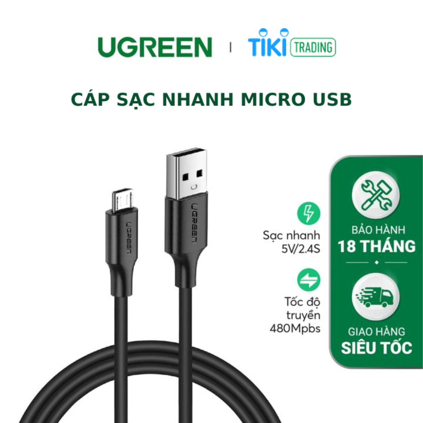 Cáp Sạc Nhanh Micro USB 2.0A UGREEN 60137 Dài 1.5M - Hàng Chính Hãng