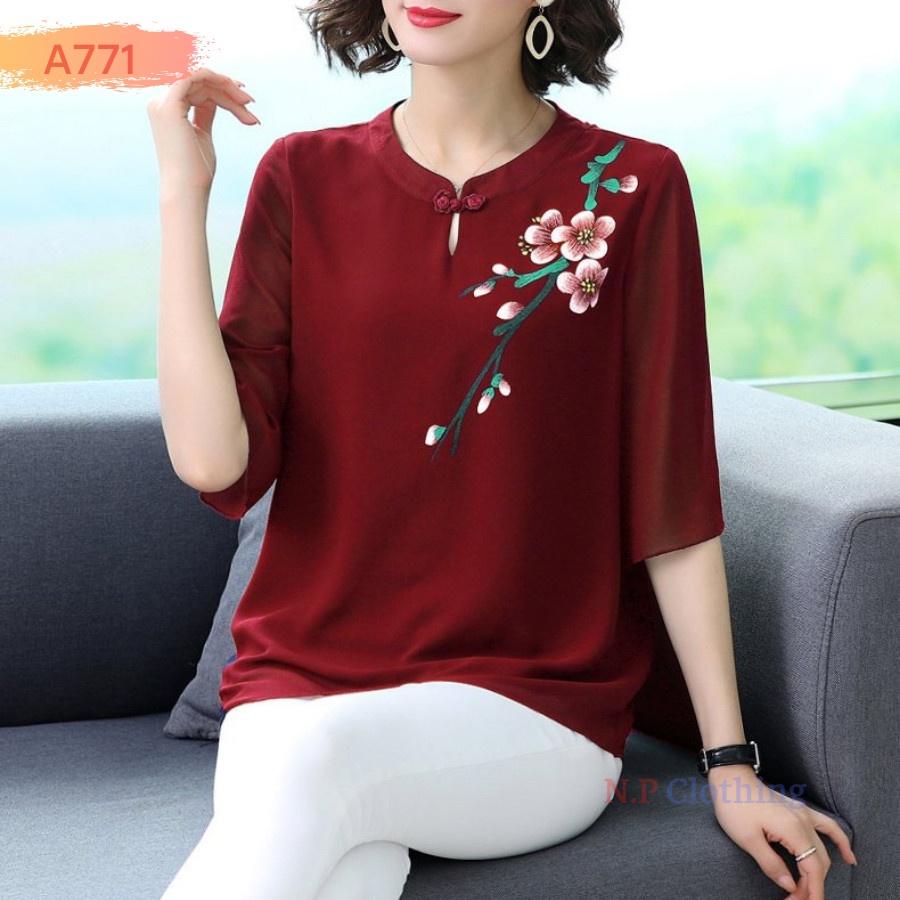Áo Kiểu Trung Niên Phối Họa Tiết Hoa Sang Trọng Đi Tiệc Cho Mẹ