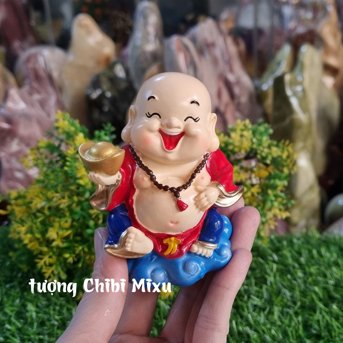 01 tượng Di Lặc 9cm cầm thỏi vàng may mắn