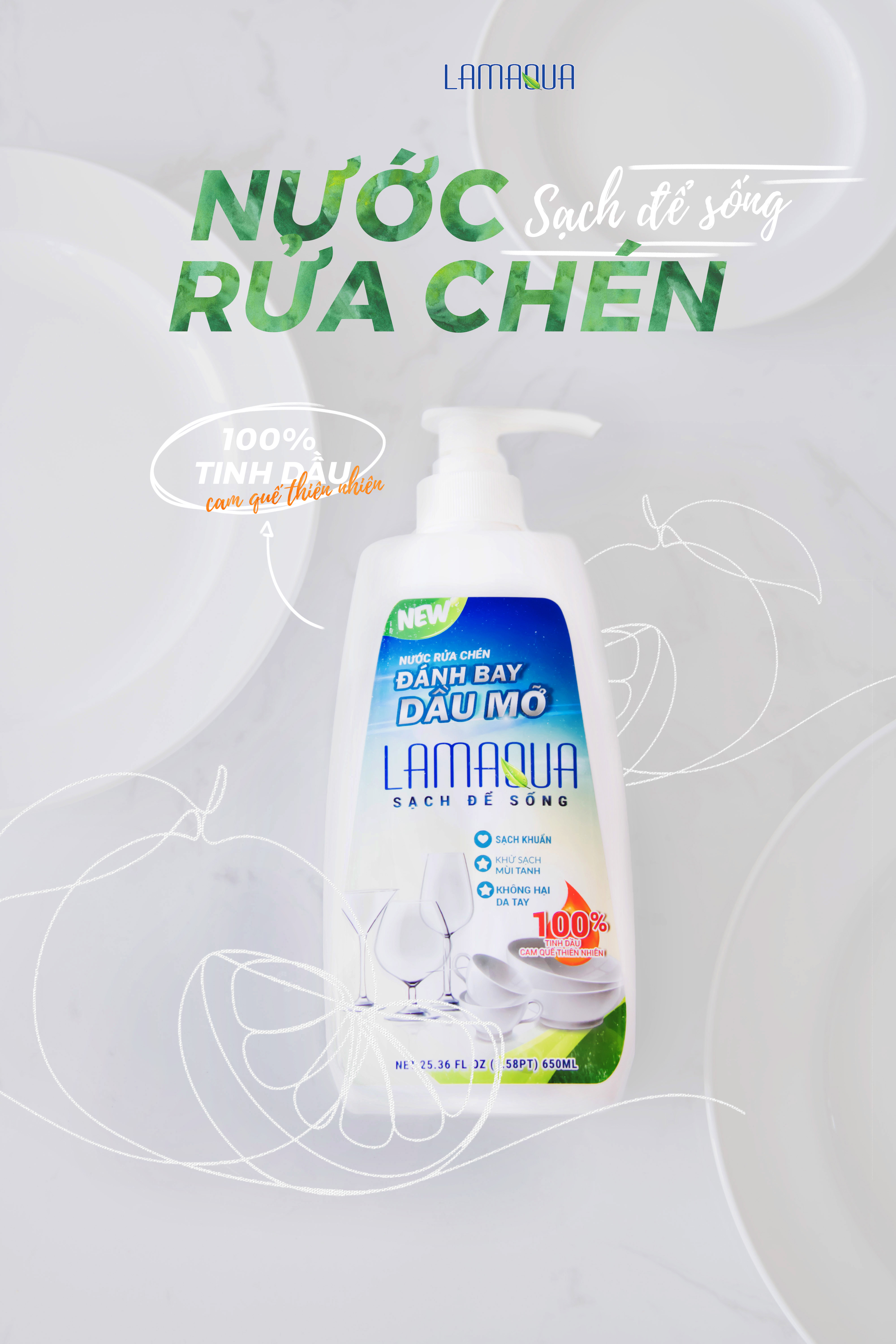 Nước rửa chén Lamaqua - Tinh dầu cam sả 650ml