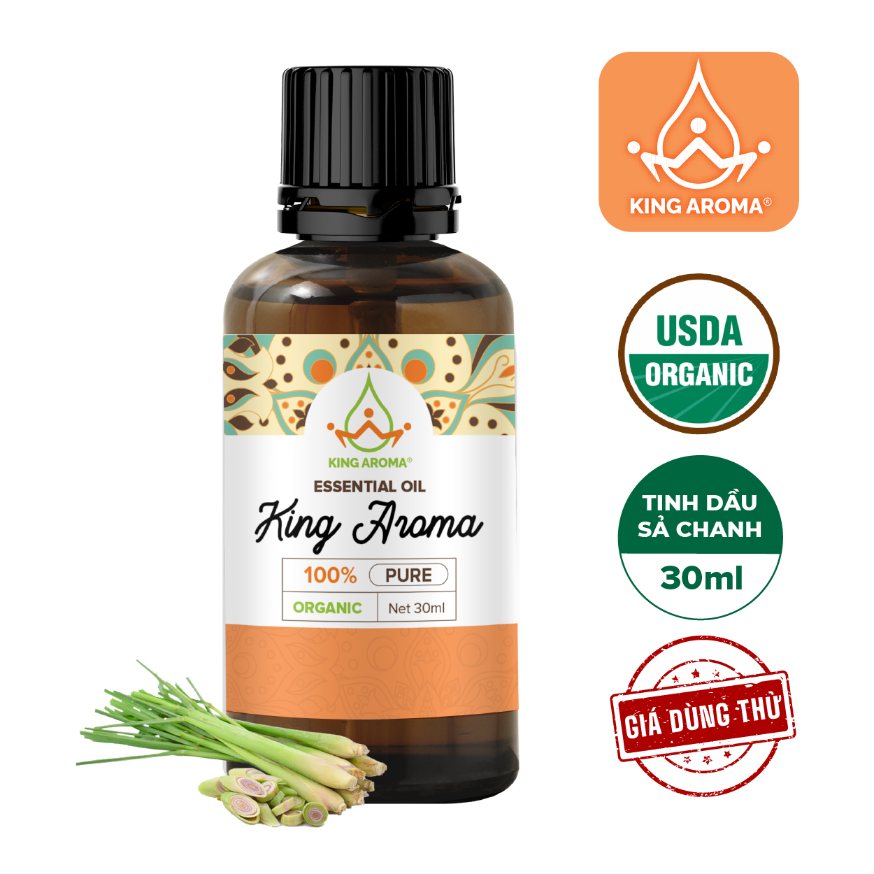 Tinh Dầu Thiên Nhiên Sả Chanh VN KING AROMA mẫu thử 30ml/ 100ml - Tinh Dầu Nguyên Chất Xông Thơm Phòng/ Thư Giãn Tinh Thần/ Thích Hợp Dùng Với Đèn Xông và Máy Khuếch Tán.