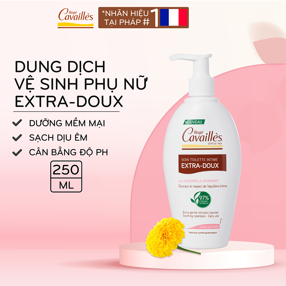 Dung dịch vệ sinh phụ nữ Roge Cavailles - Dưỡng Mềm Mại, Sạch Dịu Êm - Số 1 tại Pháp - 250ml