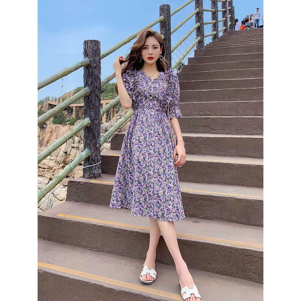 Váy Hoa Nhí Vintage Cổ V Tay Lỡ, Đầm Vintage Dáng Dài -Kieumytran93