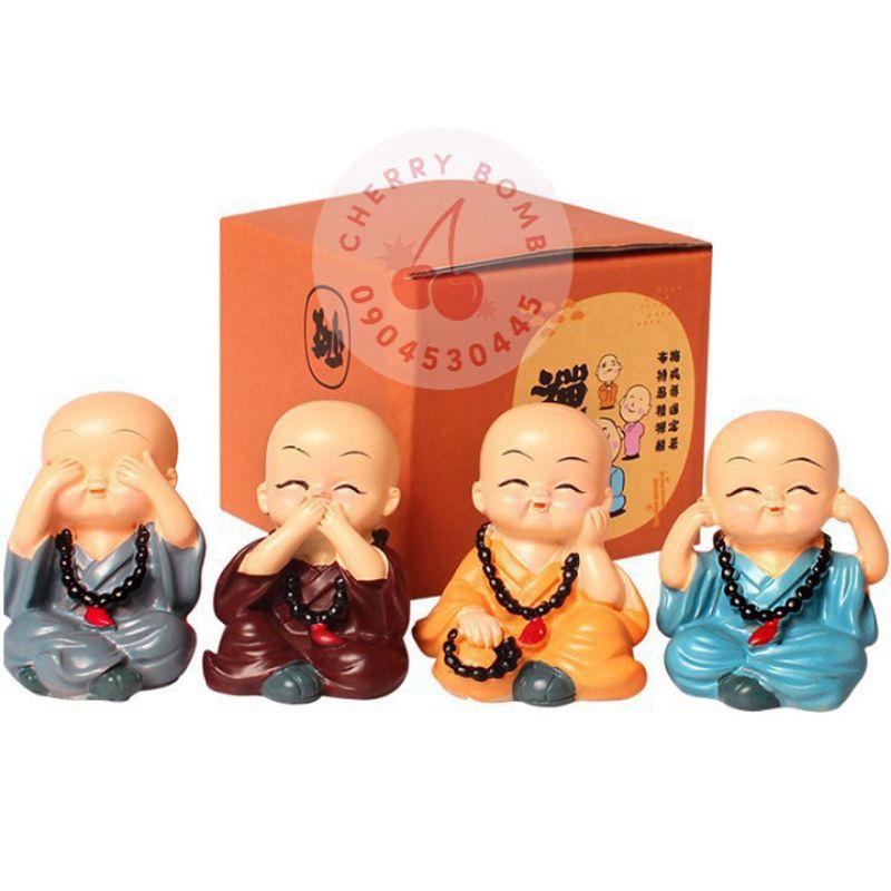 Bộ Tượng Chú Tiểu Hòa Thượng Tứ Không - Phật Phong Thủy Mini 4 Tư Thế, Trang Trí Xe Hơi, Để Bàn Làm Việc