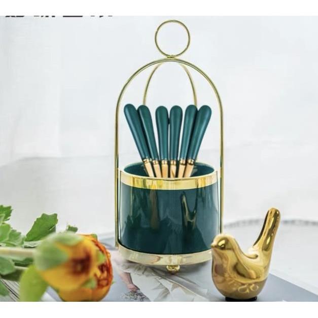 Ống cắm thìa dĩa,rỏ cắm thìa màu xanh cổ vịt kèm thìa phong cách châu Âu sang trọng