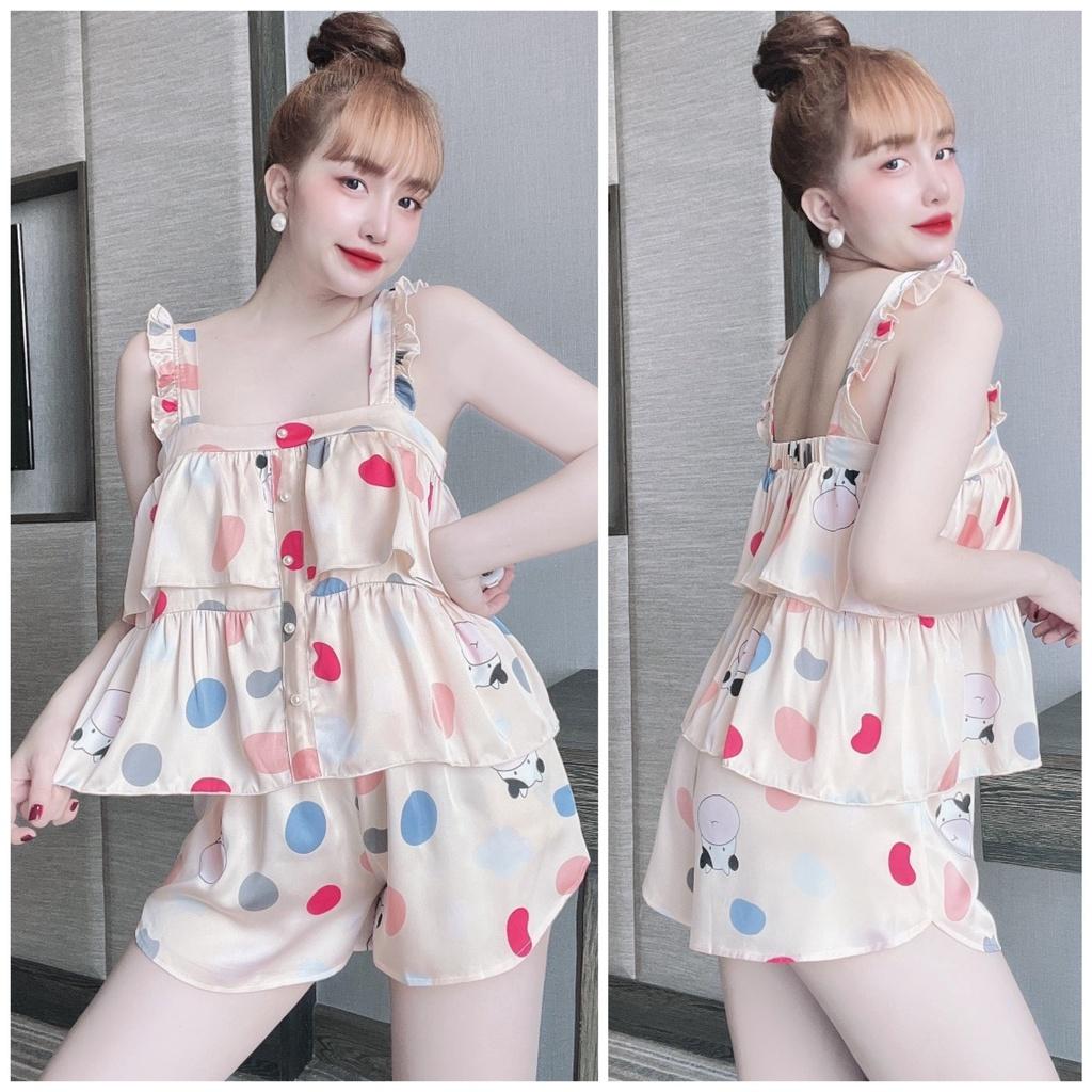 Đồ ngủ đùi 2 dây dễ thương, chất lụa latin mềm, mịn, mát - Freesize dưới 62 kg