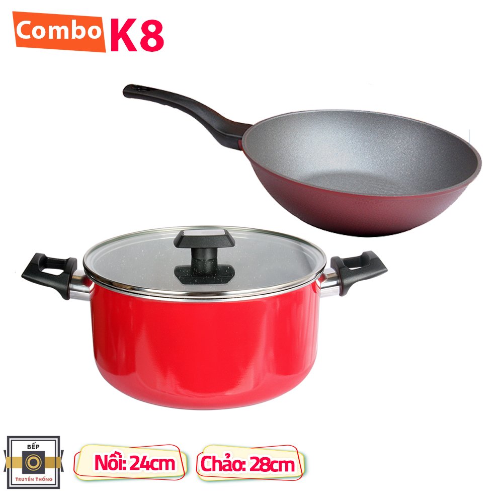 Combo 2 món cao cấp Hàn Quốc, nồi chống dính vân đá Kimscook, quai chống nóng, nắp kính cường lực viền inox size 24 cm và Chảo đúc chống dính Ecoramic Megastone cao cấp sâu lòng màu mận tím 28 cm, dùng bếp gas, hồng ngoại, ... Hàng chính hãng