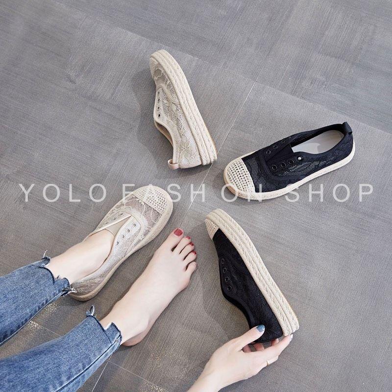 Giày lười slip on nữ dáng thể thao basic phối ren vintage siêu mềm êm chân hàng cao cấp chuẩn đẹp-GL26