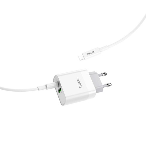 Bộ sạc nhanh PD20W Hoco C80A chuôi tròn 2 cổng USB/Type-C kèm dây sạc Type-C to Lightning dành cho iPhone - Hàng chính hãng