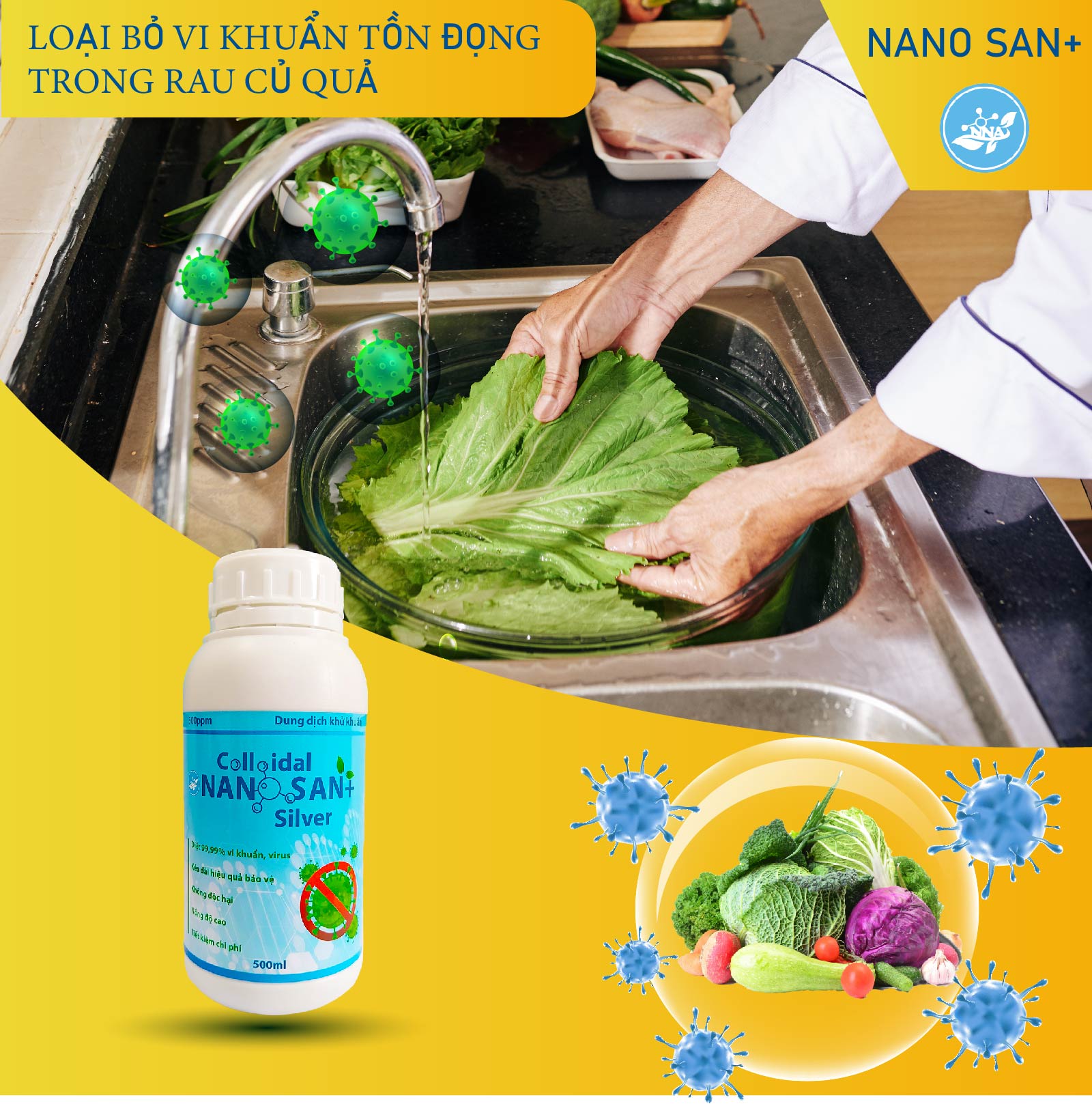 [Pha loãng 100 lần] Dung dịch khử khuẩn nano bạc SAN+. Diệt 99,99% vi khuẩn gây hại, truyền nhiễm.