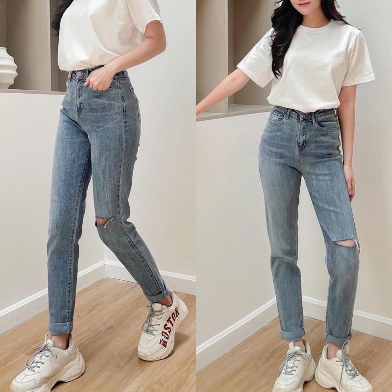 Quần Jean Nữ Slimboy Denim rách 1 bên gối lưng cao chất co giãn thoải mái phom trẻ trung