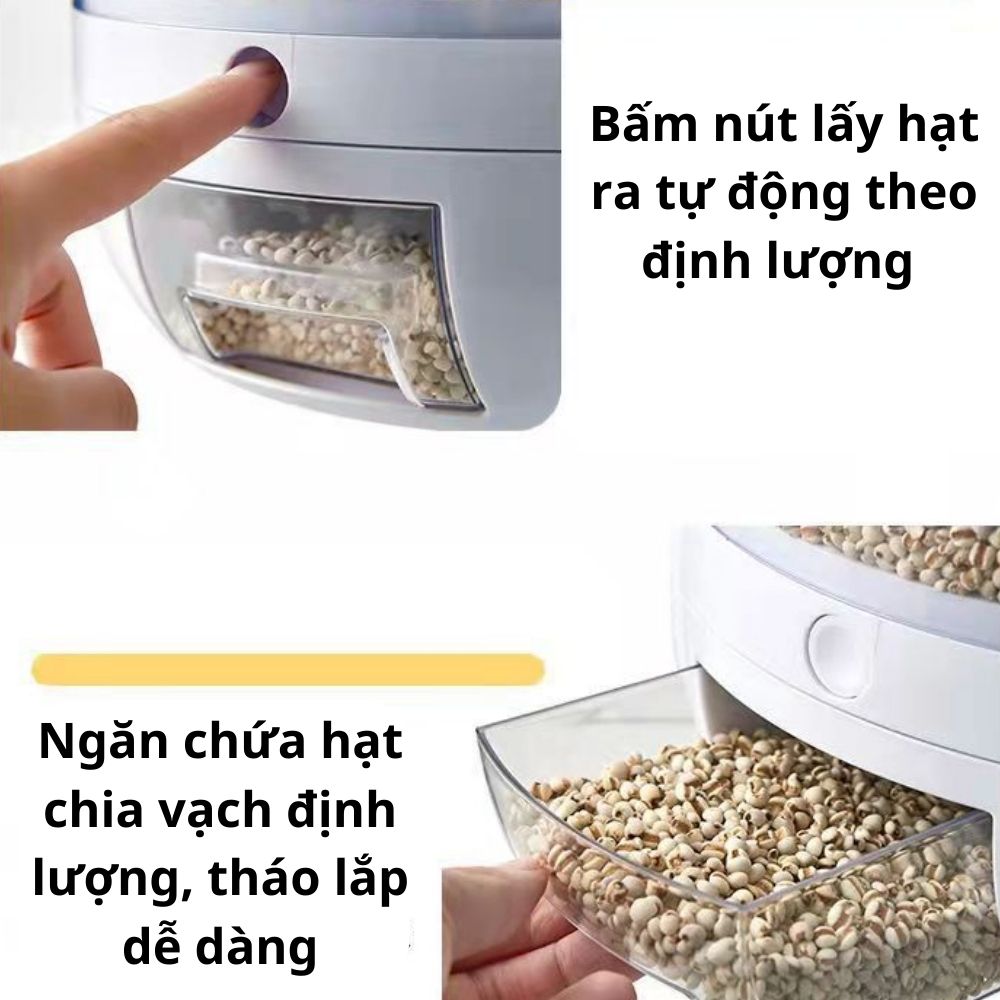 Thùng Đựng Hạt Ngũ Cốc Thông Minh, Thùng Đựng Gạo 6 Ngăn Xoay 360 Độ Có Nắp Đậy Tránh Ẩm Mốc