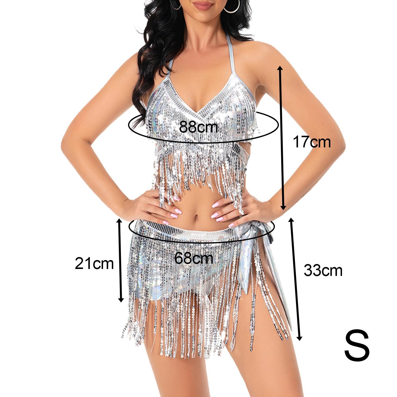 Women Belly Dance Costume, Sequin Tassel Set 3 Piece Outfit for Girls