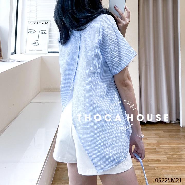Áo sơ mi tay ngắn caro xẻ tà sau caro hồng, xanh biển, đen THOCA HOUSE năng động, kiểu cách trendy