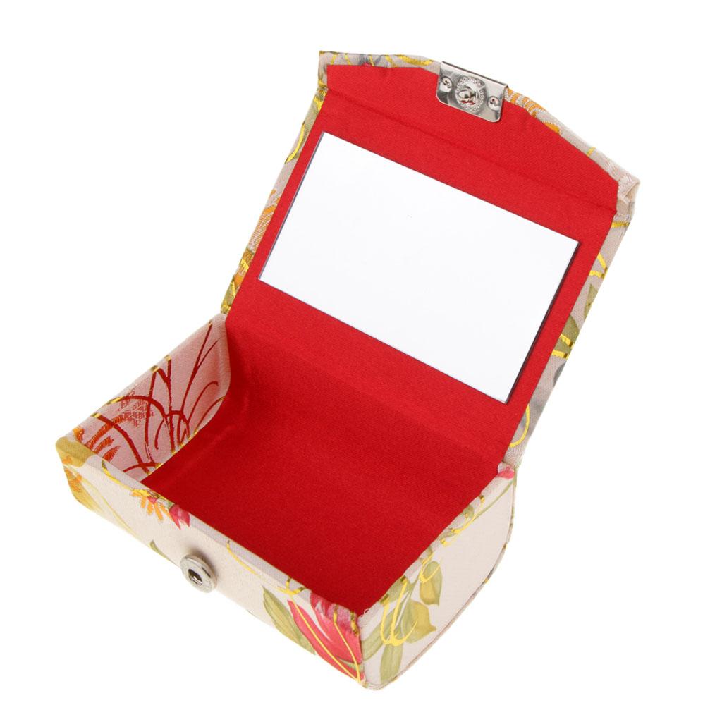 Embroidered Brocade Lipstick Lip Gloss Case Jewelry Storage Box Makeup Holder With Mirror Inside with Snap-On Closure