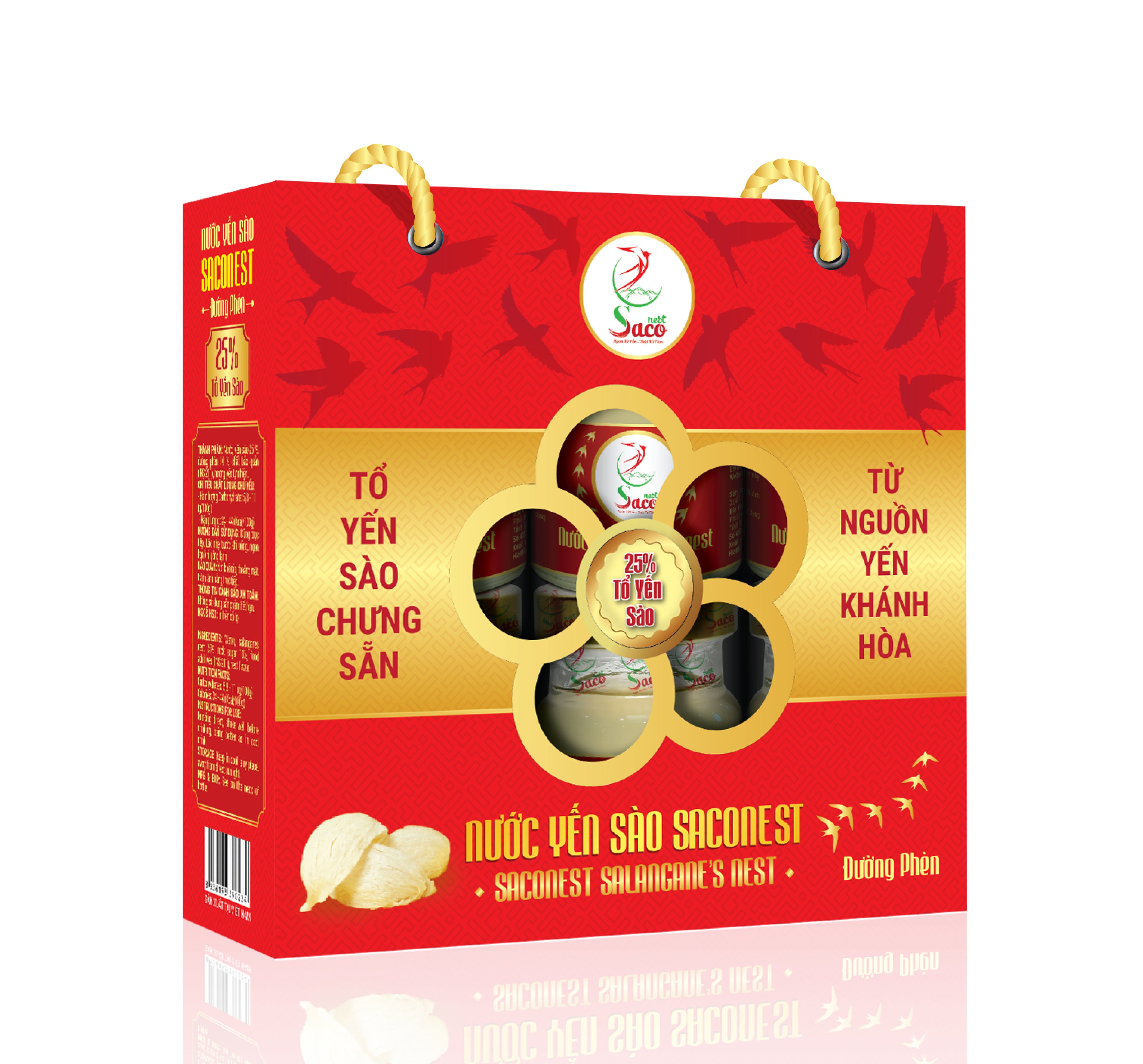 25% Tổ Yến - Nước Yến Sào Cao Cấp Saconest Đường Phèn 25% Yến Sào, Hộp 6 lọ - 70ml/lọ - Dây Xách Hoa - Bổ sung dinh dưỡng