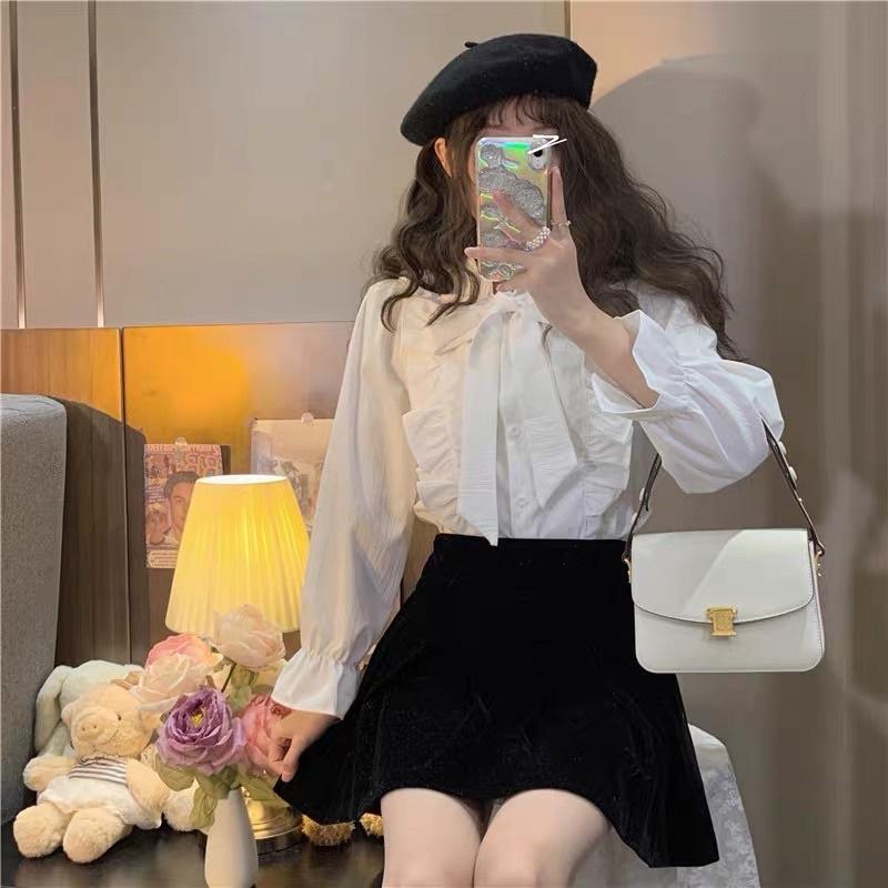 Áo Sơ Mi Nữ Voan Tơ Cổ Viền Bèo Phối Nơ Xinh