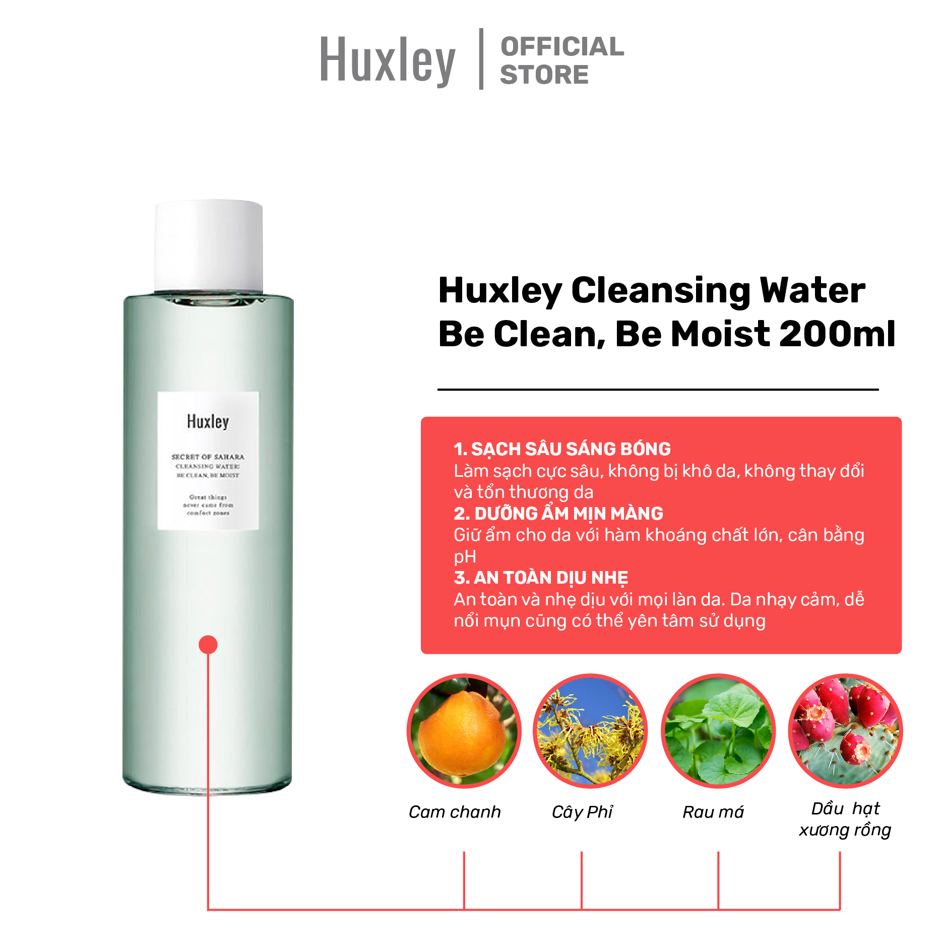 Nước tẩy trang làm sạch sâu kiểm soát bã nhờn cho da Huxley Cleansing Water Be Clean Be Moist 200ml