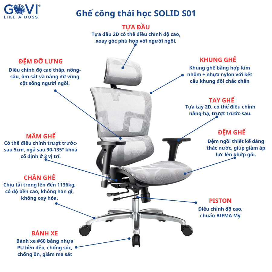 Ghế công thái học Ergonomic GOVI Solid S01 - Chất liệu cao cấp, thiết kế sang trọng, vải lưới nhập khẩu, tựa lưng êm ái