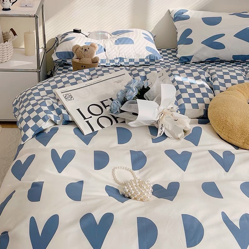 Bộ chăn chần ga gối cotton LIDACO SP001462 - Tim khuyết xanh
