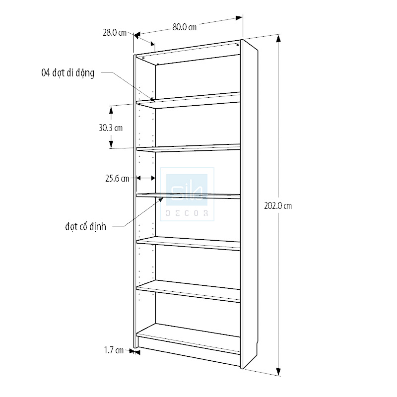 Kệ Sách 6 Tầng Billy Cao 202cm, Dài 80cm Rộng 28cm SIB Decor KSG109