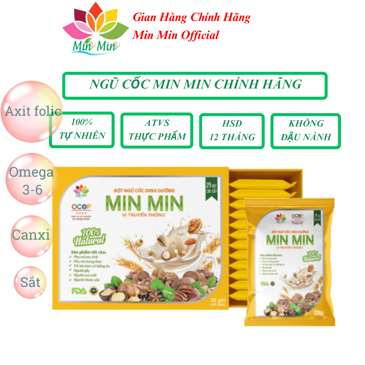 Combo 2 Hộp Ngũ Cốc Lợi Sữa Cao Cấp Min Min 29 Hạt - Ngũ Cốc Dinh Dưỡng Mẹ Bầu Dạng Gói 1 hộp 25 gói x20gam