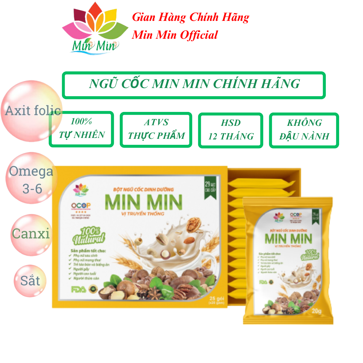 Combo 2 Hộp Ngũ Cốc Lợi Sữa Cao Cấp Min Min 29 Hạt - Ngũ Cốc Dinh Dưỡng Mẹ Bầu Dạng Gói  1 hộp 25 gói x20gam (1kg)