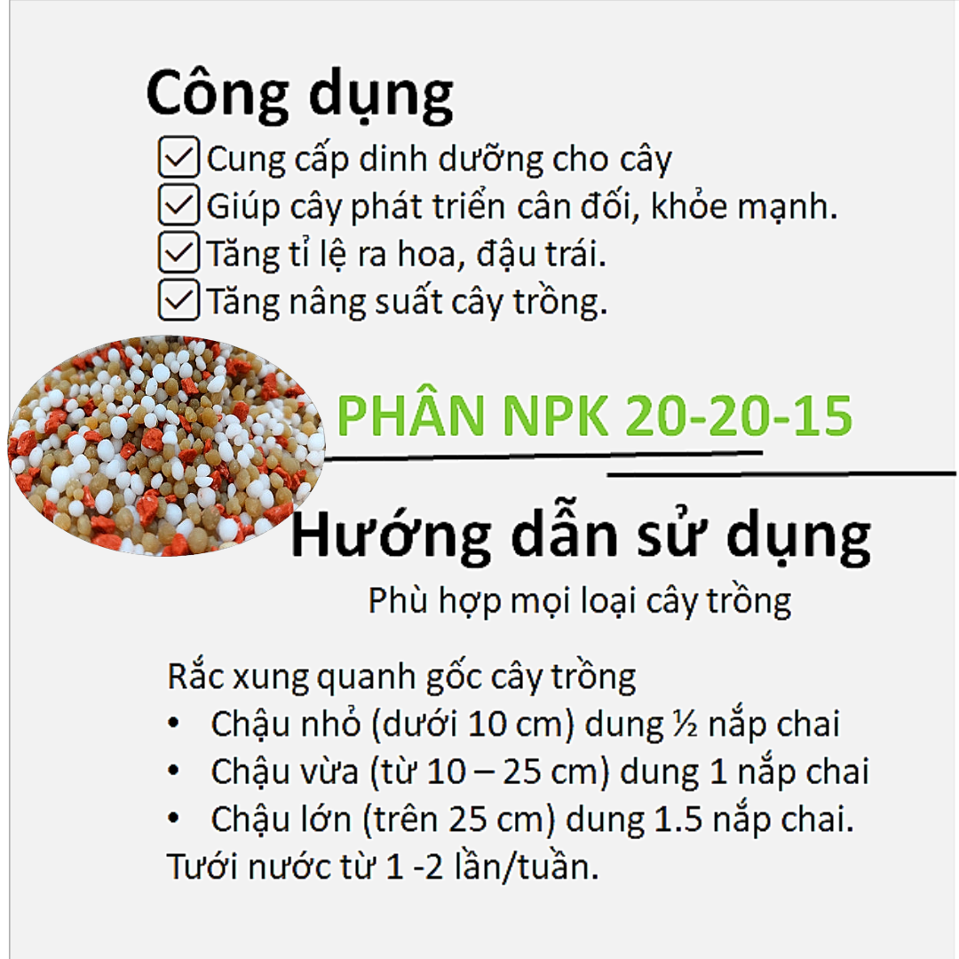 Phân NPK 20-20-15 -Phân bón Xanh và Xanh bổ sung vi lượng - Giúp cây ra rễ, đâm chồi, hỗ trợ sự phát triển tối đa cho cây trồng - 1kg.