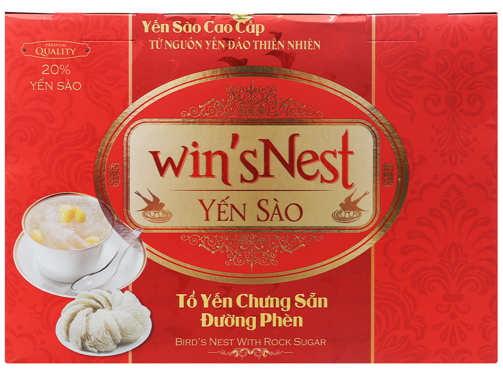 Yến sào cao cấp win'sNest tổ yến chưng sẵn đường phèn 20% (6 lọ/hộp) phù hợp cho mọi đối tượng và trẻ từ 1 tuổi trở lên giúp bồi bổ sức khỏe.