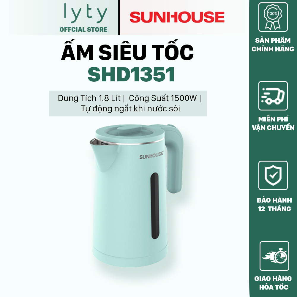 [Hàng Chính Hãng]  Ấm Siêu Tốc Inox 2 Lớp Sunhouse SHD1351 1.8 Lít - Bảo Hành 12 Tháng Toàn Quốc