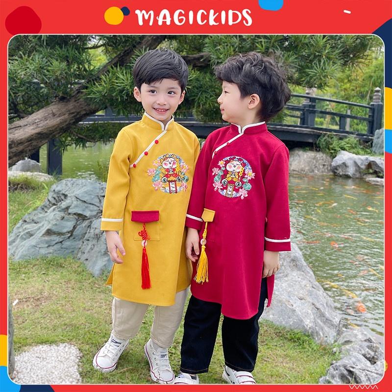 Áo dài bé trai cách tân Magickids thêu mèo thần tài kèm dây khánh chất nhung tăm mẫu mới Tết Quý Mão 2023 AD22001