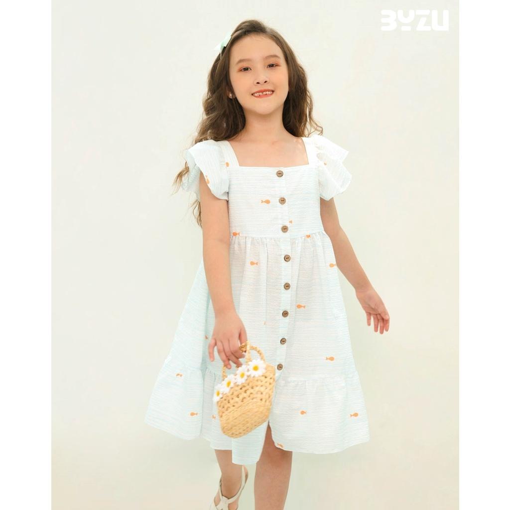 Váy đầm bé gái BYZU, chất vải cotton màu xanh biển, họa tiết cá xinh xắn